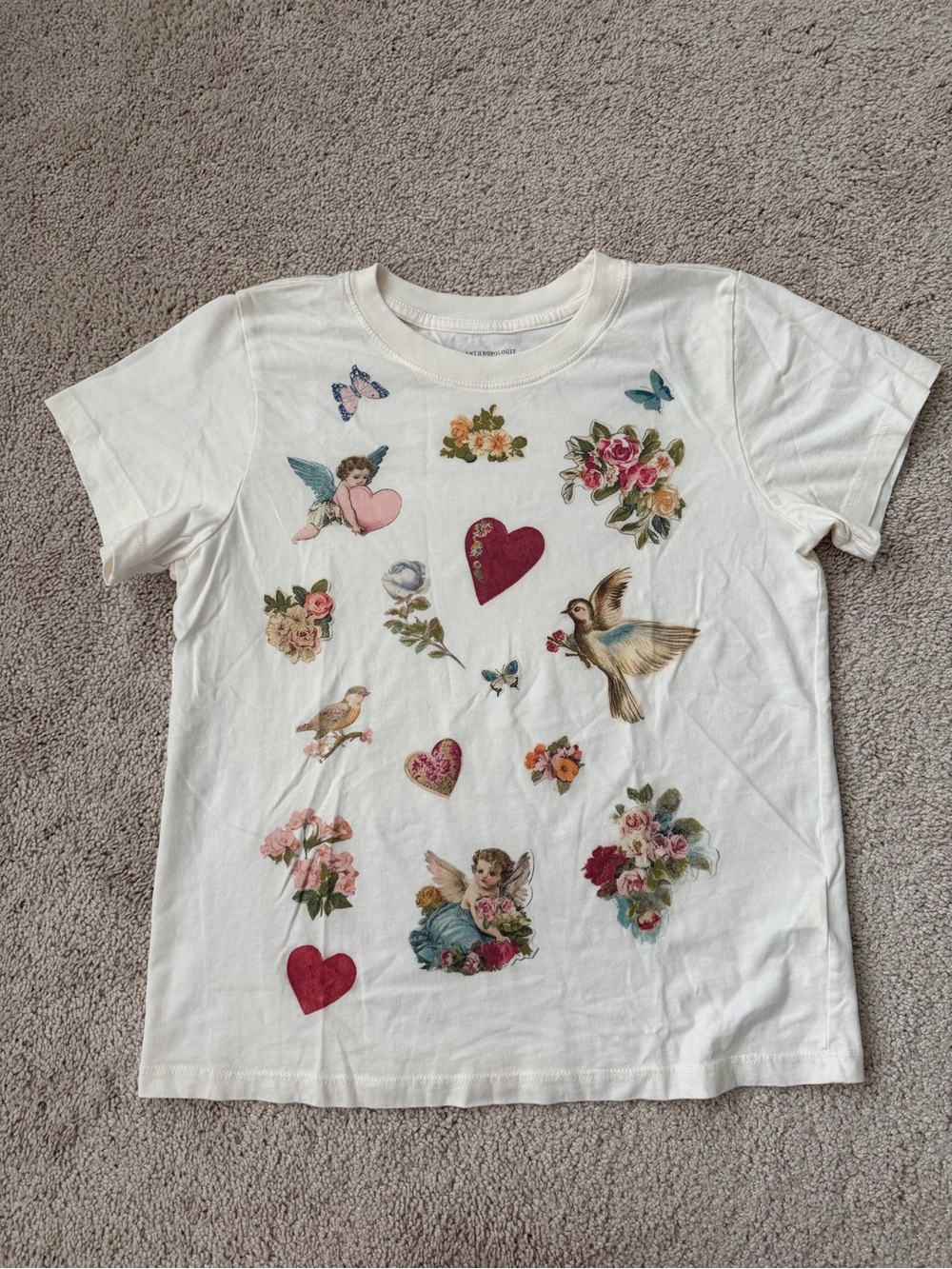 Anthropologie White Short-Sleeve Tee with Cherubs, Birds & Floral Motifs